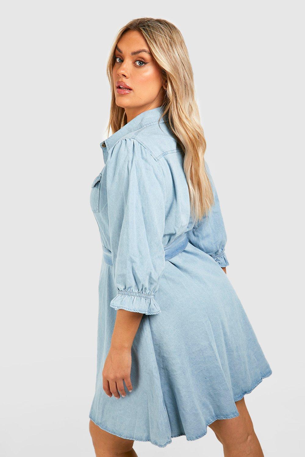 Plus Denim Pocket Tie Belt Skater Dress